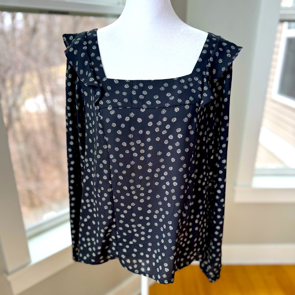 Banana Republic Black Daisy Print Square Neck Long Sleeve Blouse Sz Small NEW
